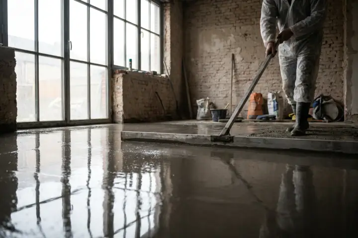 Dekvloer die met een lange aluminium rei vlak wordt getrokken in een lege kamer