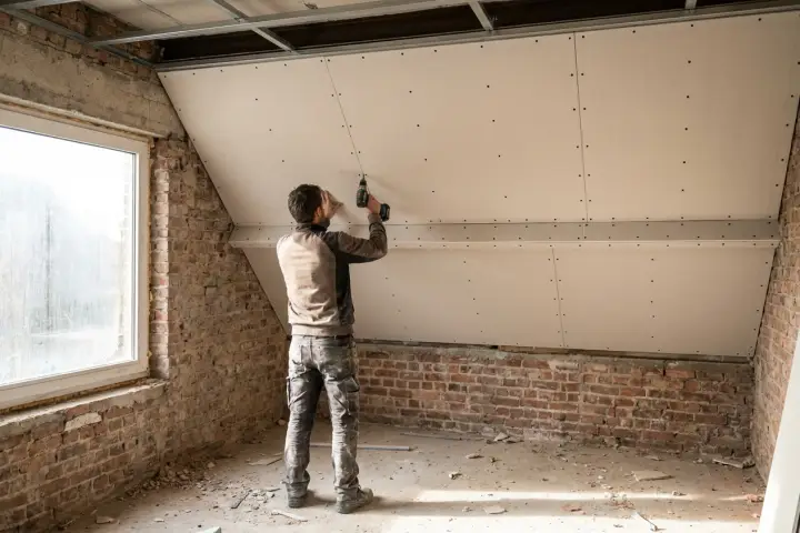 Gipsplaten die op een metalen plafondstructuur worden geschroefd, de naden nog open